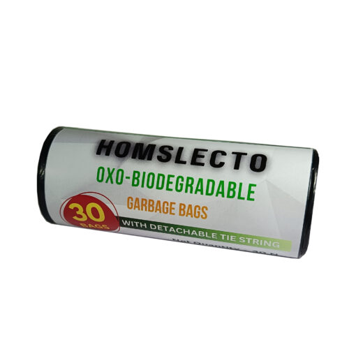 Multifunctional use; ideal for office, hotels, household use, parties, baby diapers, and clearing pet's litter Detachable tie-tape to tie up bag after use Package Contents - 3 Rolls of Oxo-Biodegradable Garbage Bags; Quantity: 30 per roll; Colour: Black Oxo-Biodegradable Garbage Bags for your home and kitchen These garbage bags make clean-up and garbage disposal a hassle-free task while being easy on the environment.