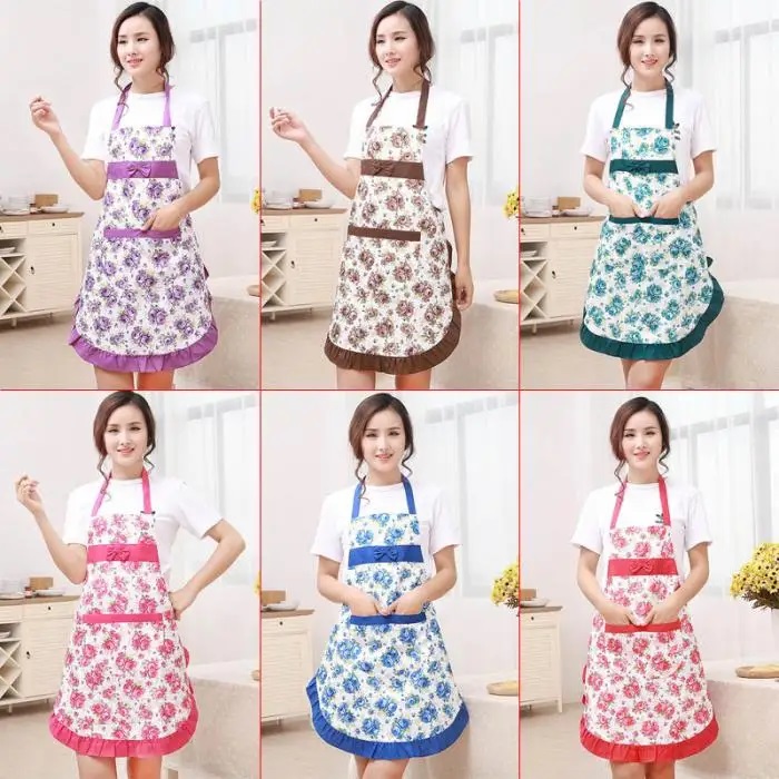 Flower Printed Bowknot Kitchen Apron - Stylish PVC Cooking Apron for Women